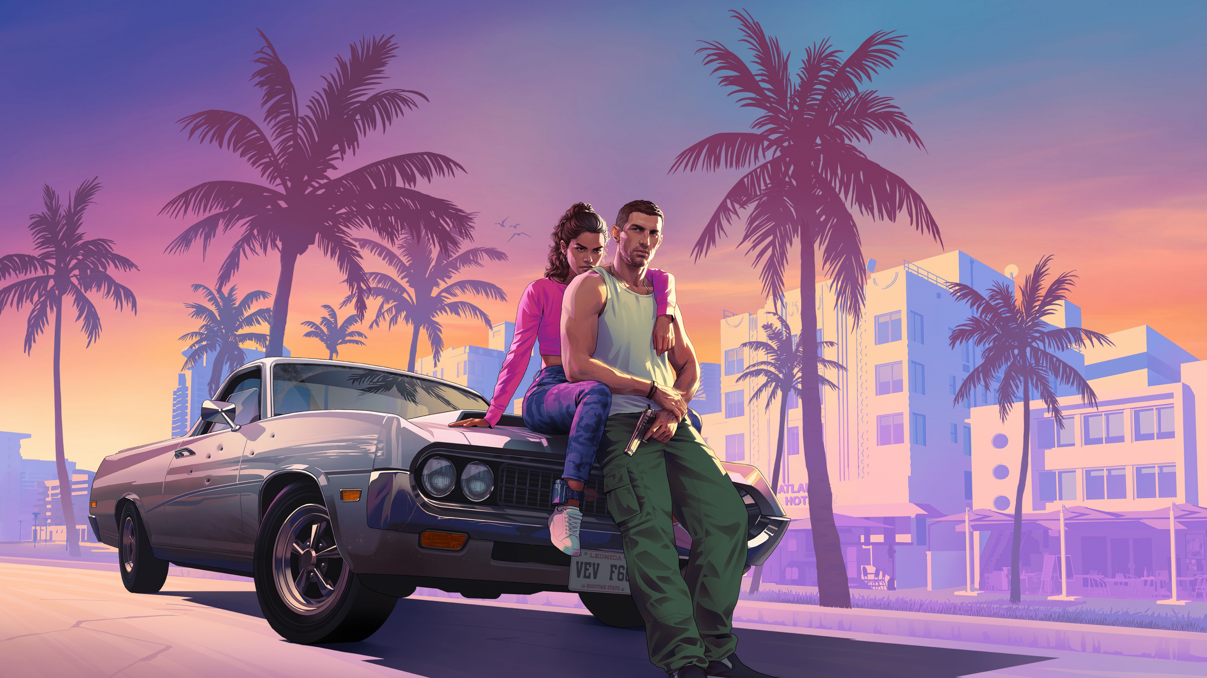 Official GTA 6 promotional artwork, showing the Vice City skyline at sunset.