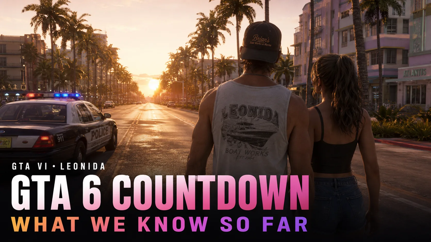 Official GTA 6 promotional artwork, showing the Vice City skyline at sunset.