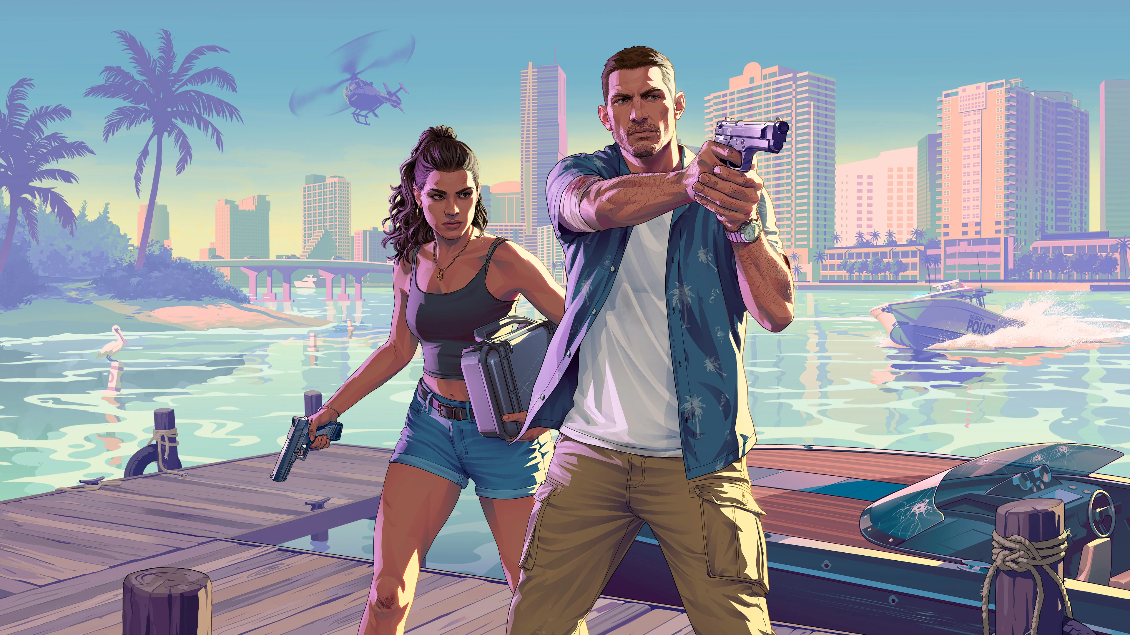 Jason Duval e Lucia Caminos lado a lado em pose de ação, arte promocional de GTA 6