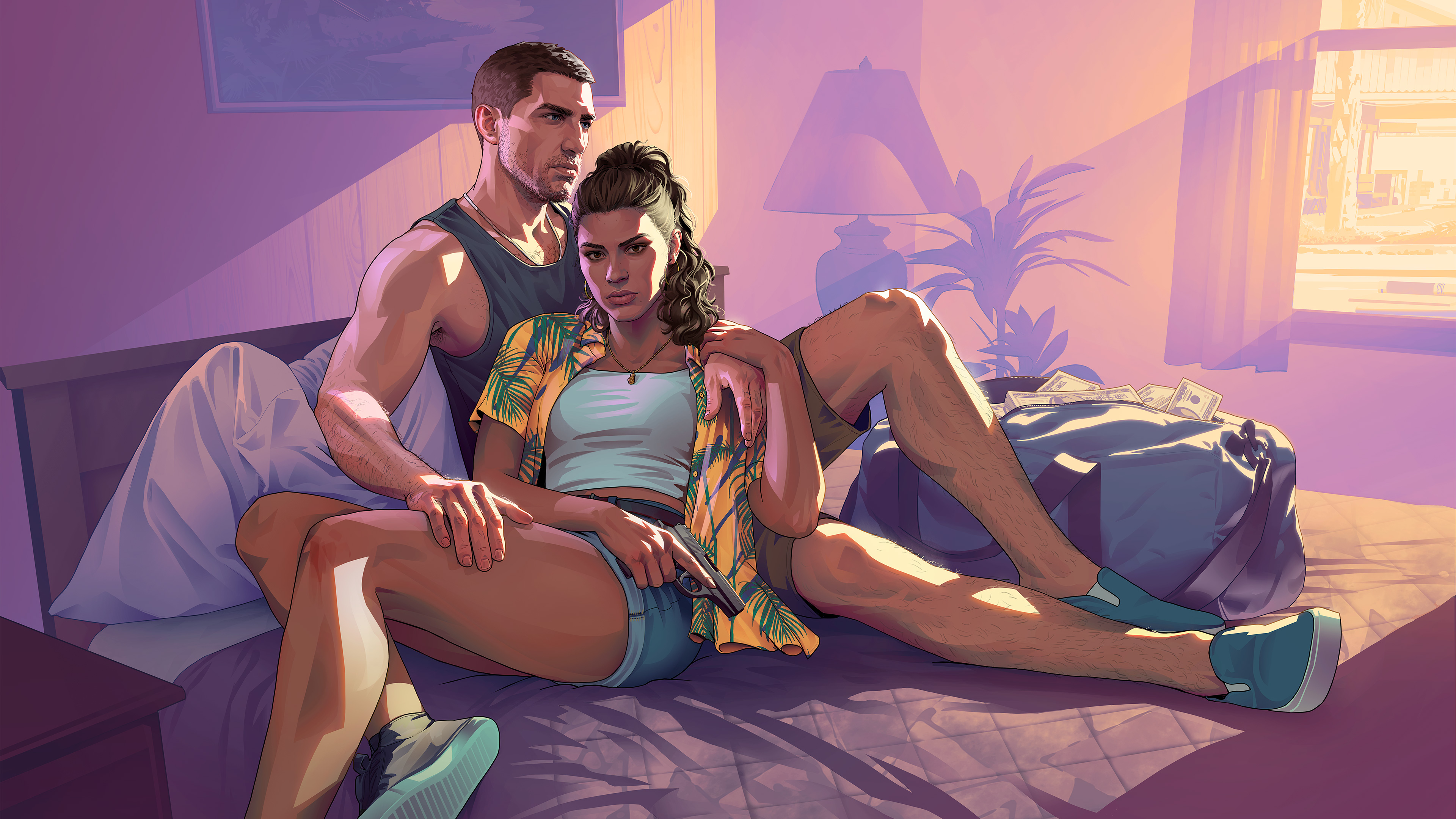 Official GTA VI artwork of Jason and Lucia sitting together on a motel bed, sunlight streaming through the window, a duffel bag of cash beside them