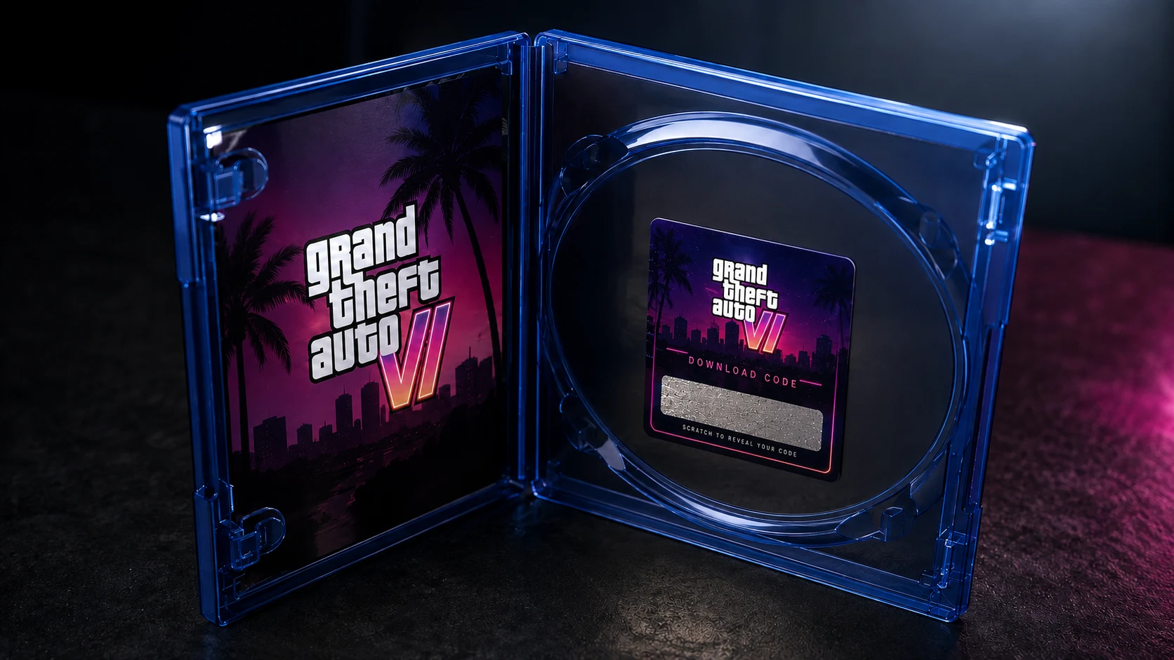 Caixa aberta de Grand Theft Auto VI mostrando um tabuleiro vazio com um cartão de código de download em vez de disco