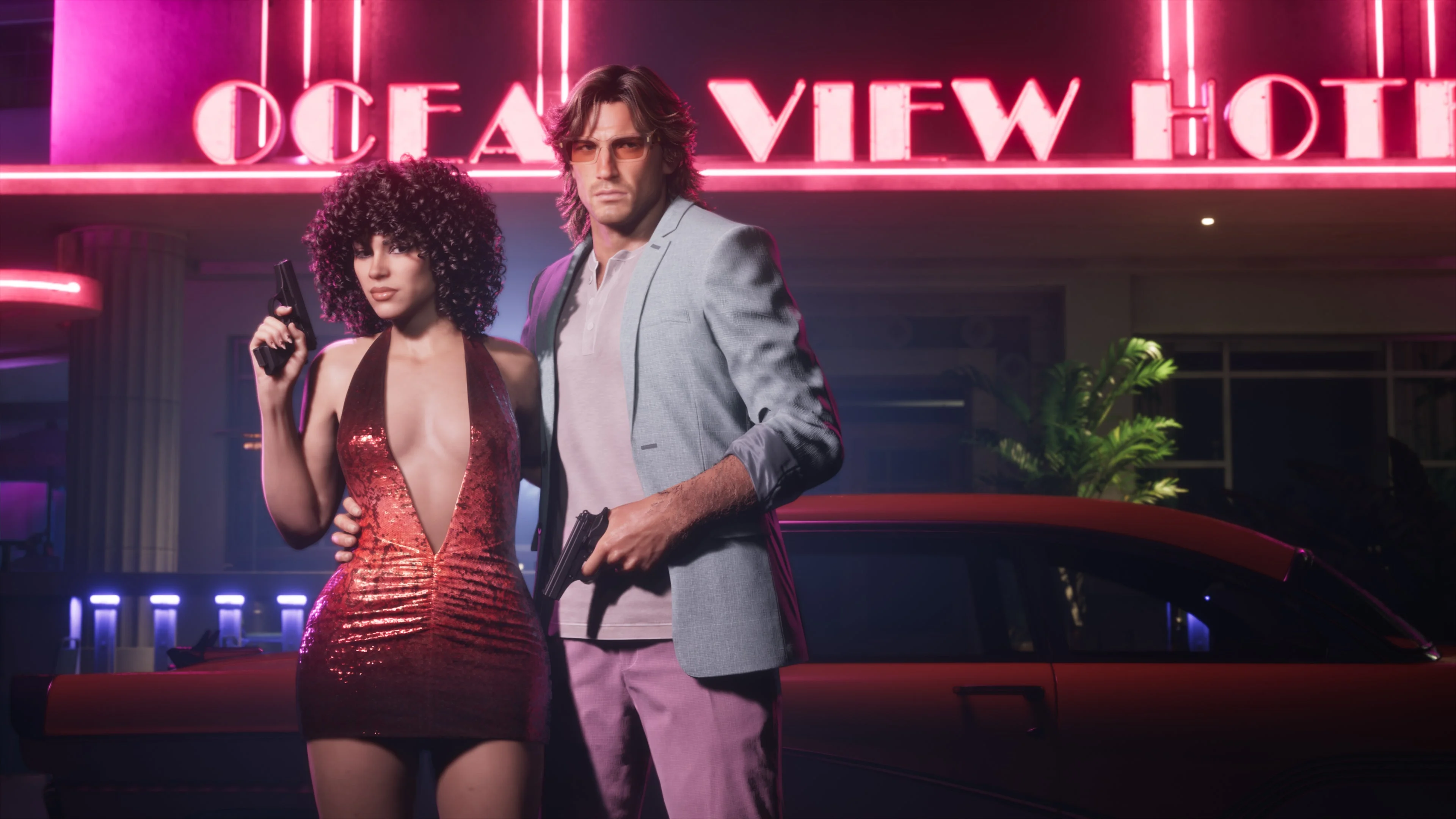 Official promotional image from Rockstar Games showing the Vintage Vice City Pack contents including the '55 Vapid Stanier classic car, character outfits for Jason and Lucia, and tropical weapon pattern inspired by Tommy Vercetti