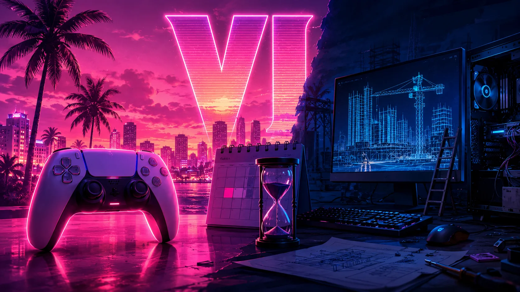 Ilustração conceptual consola vs PC com o algarismo VI estilizado, simbolizando o atraso do lançamento de GTA 6 no PC