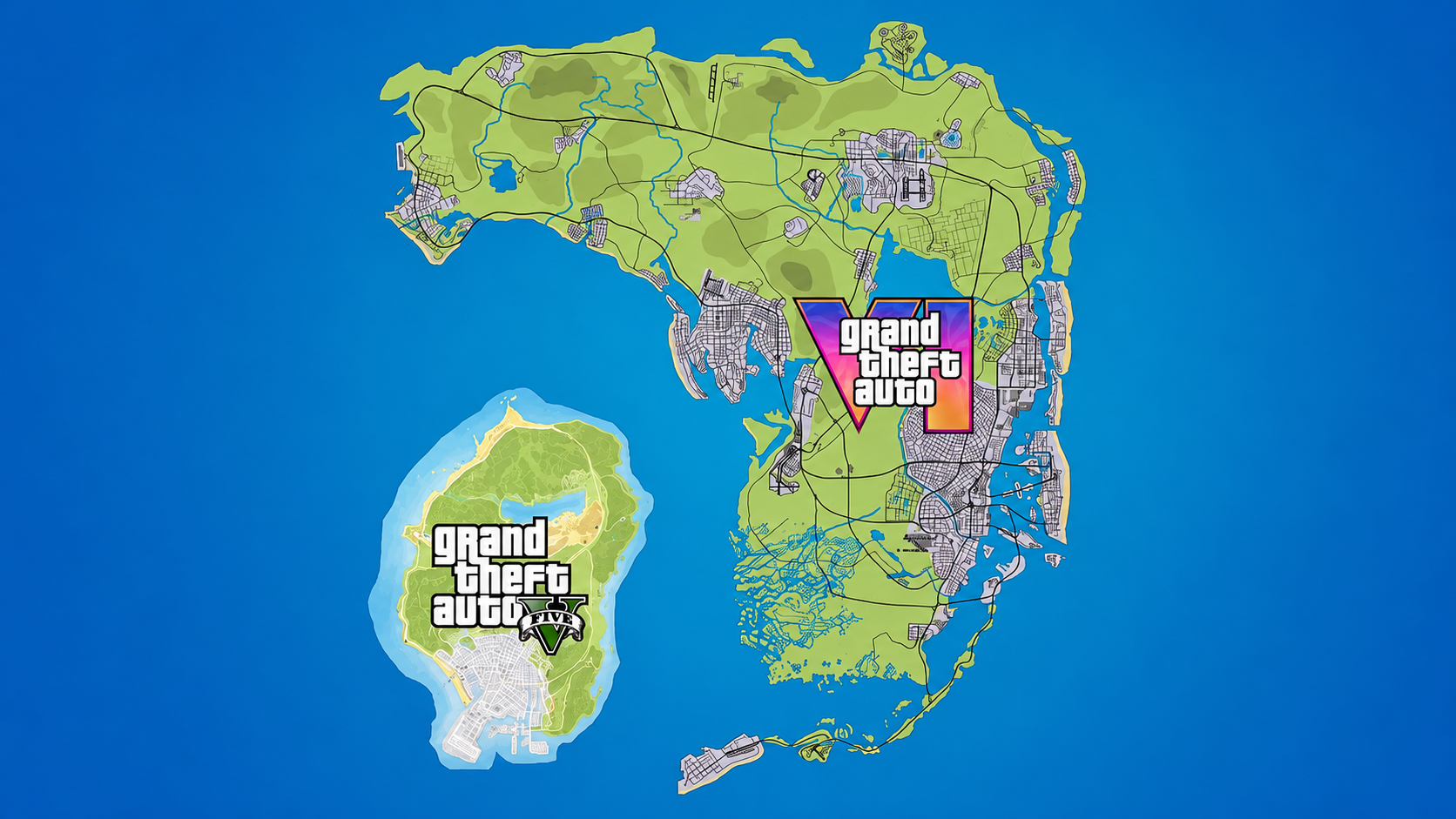 Vista aÃ©rea do mapa de GTA 6 mostrando Vice City e o estado de Leonida com todas as regiÃµes