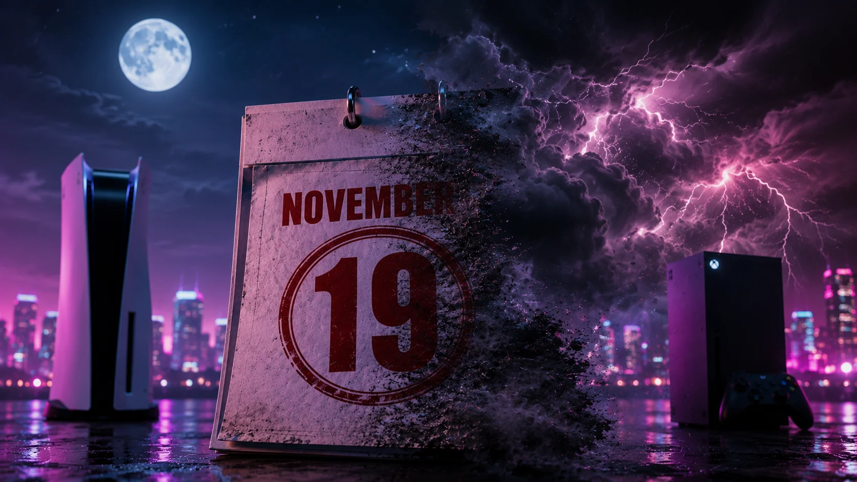 Split-lit calendar page reading November 19 dissolving into TV static and glitch distortion, symbolizing GTA 6 launch date rumors versus confirmed facts, with PS5 and Xbox Series X silhouettes in a neon Vice City-toned skyline